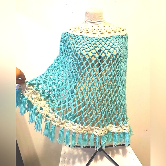 Other - Vintage 50s 60s Blue White Knit Crochet Poncho Sweater S M L XL